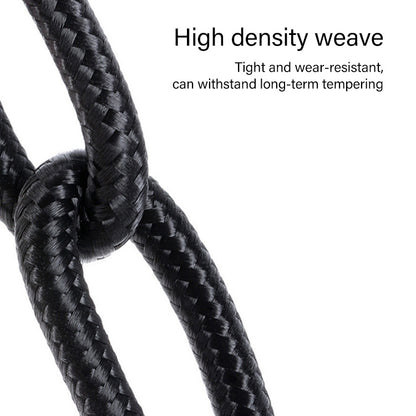 Black braided cable sleeve, close-up of woven texture near the bend