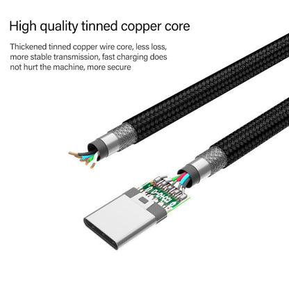 USB-C cable end with exposed tinned copper wiring detail, black braided sheath