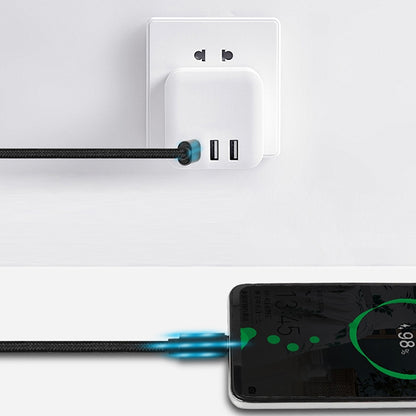 USB-C cable plugged into wall charger with ports, charging a device