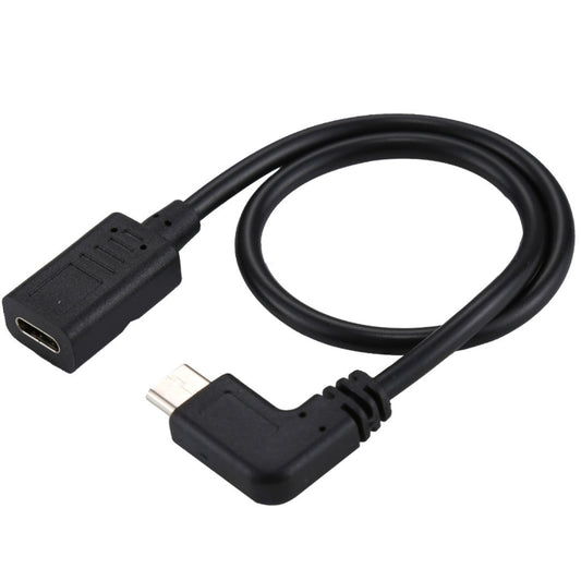 Black USB-C to USB-C elbow adapter cable with female and male ends