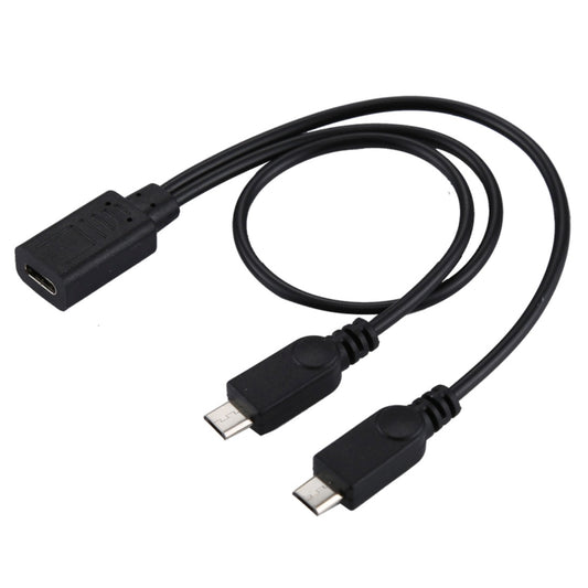 USB-C to dual Micro USB Y adapter cable with three connectors, black, ~30cm