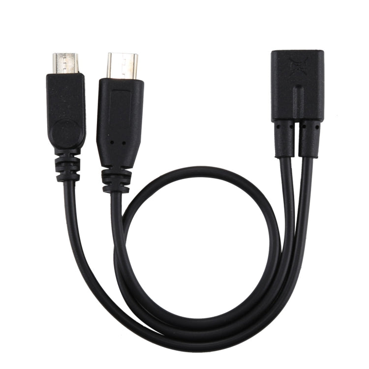 Black charging cable with USB-A plug and dual micro-USB/USB-C connector ends