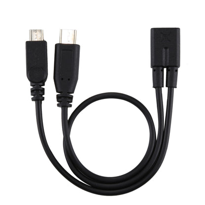 Black charging cable with USB-A plug and dual micro-USB/USB-C connector ends