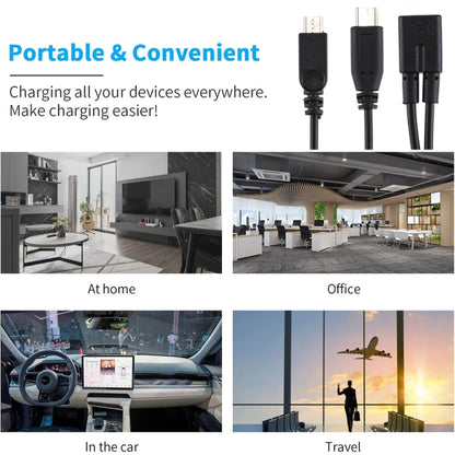 Set of black charging cables with different connector tips and USB plugs