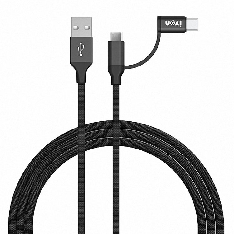 Black braided USB to Type-C and Micro USB charging cable, dual connectors