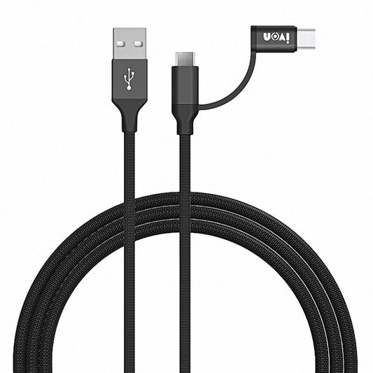 Black braided USB to Type-C and Micro USB charging cable, dual connectors