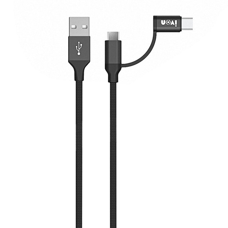 Black braided dual-connector USB to Type-C and Micro USB charging cable