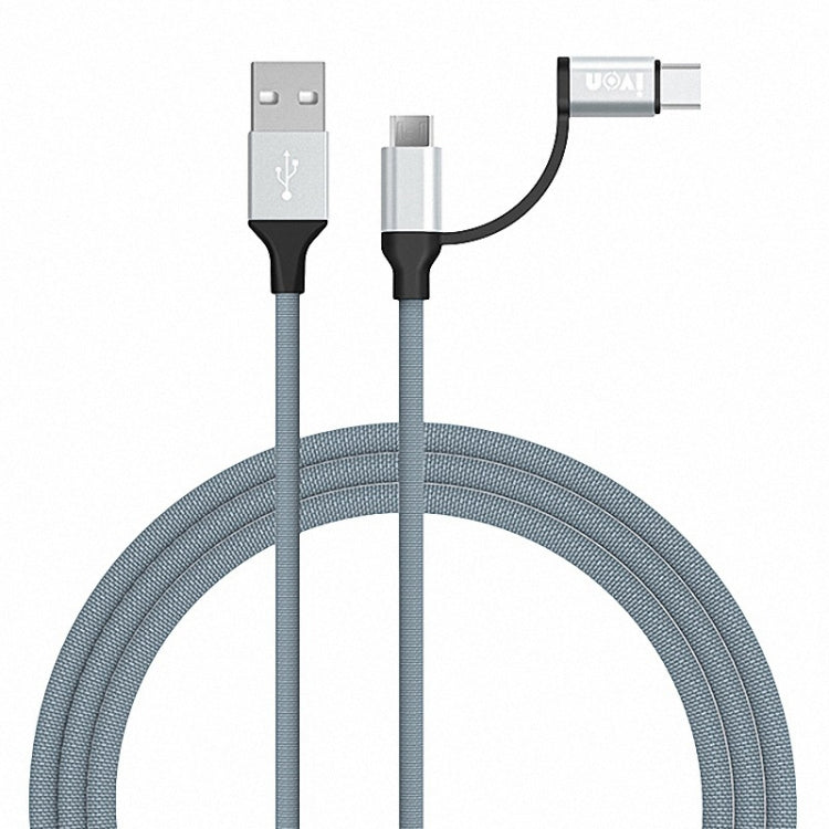 Gray braided USB to Type-C and Micro USB charging cable, dual connectors