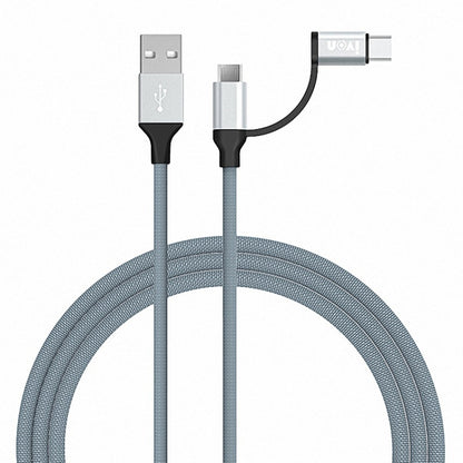 Gray braided USB to Type-C and Micro USB charging cable, dual connectors