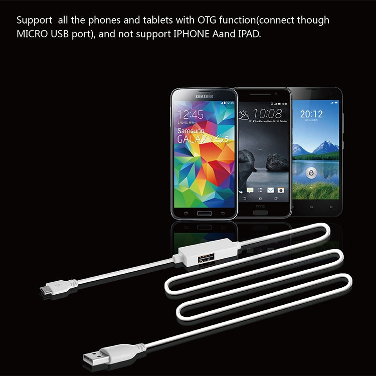 White OTG charging/data cable with switch: USB-A to micro-USB plus USB-female