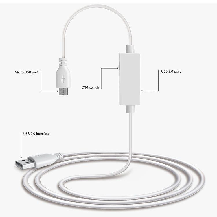 White OTG USB 2.0 to Micro USB cable with USB interface and inline switch