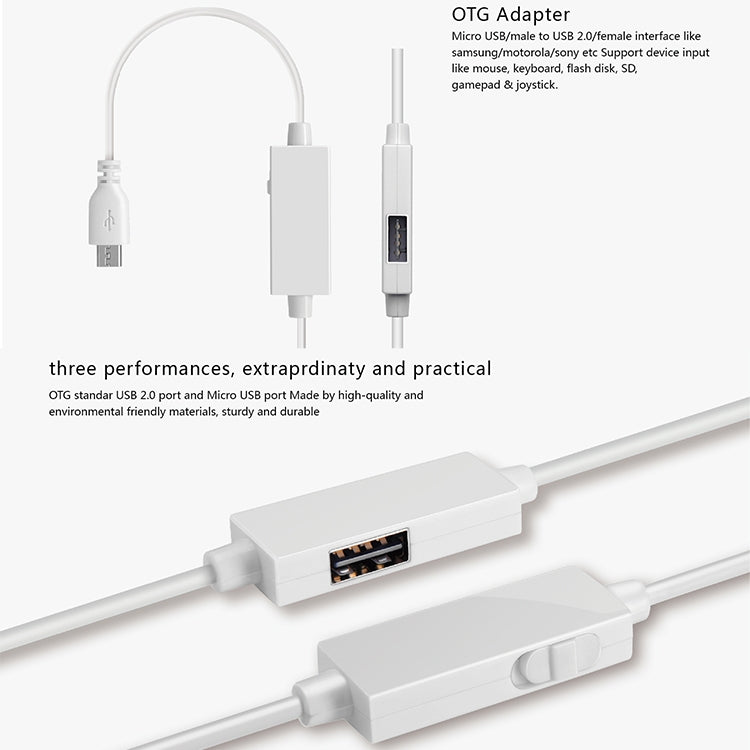 White OTG adapter cable with Micro USB plug, USB 2.0 plug, and USB female port