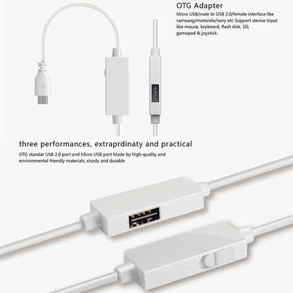 White OTG adapter cable with Micro USB plug, USB 2.0 plug, and USB female port