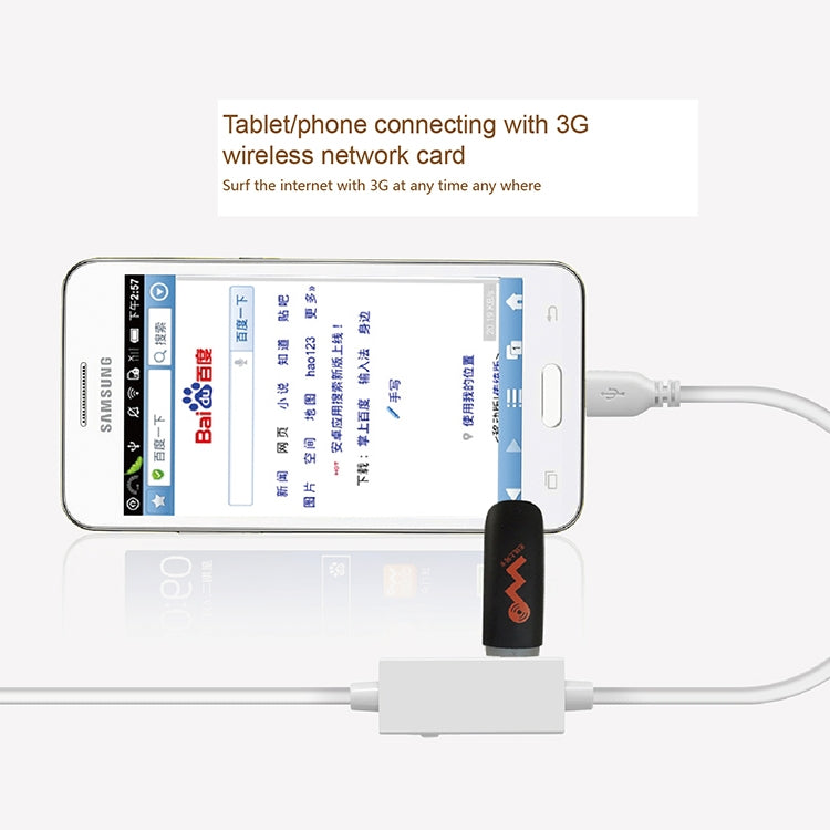 White OTG cable attached to a smartphone and tablet phone adapter