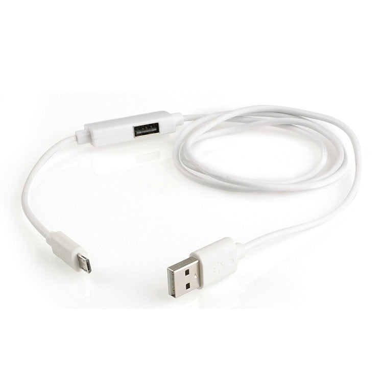 White OTG Y-cable with micro USB and USB connectors, including USB female end