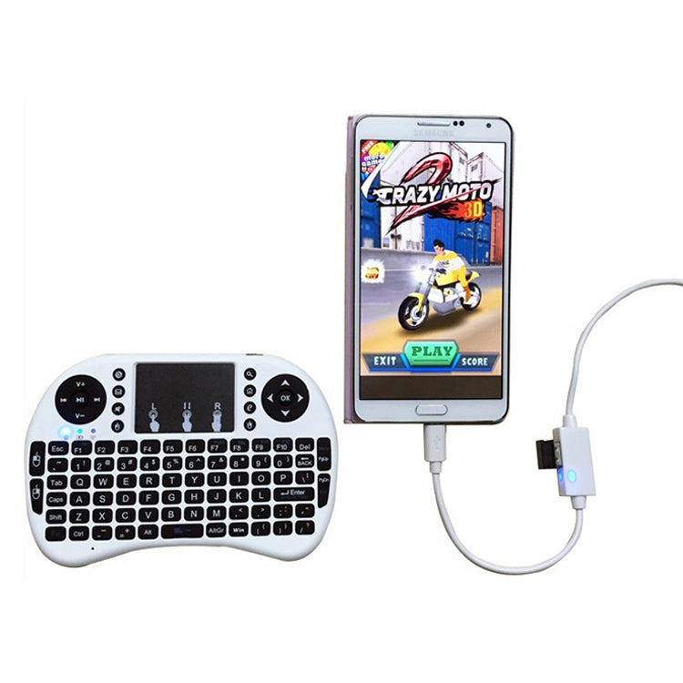 OTG charging cable with USB and micro USB connectors, inline hub indicator light