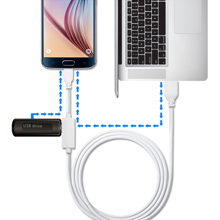 OTG cable connection diagram with micro USB plug and USB drive port