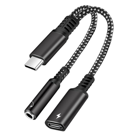 Black USB-C 2-in-1 adapter cable: PD 60W charging plus 3.5mm earphone output.