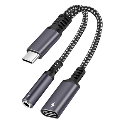 Grey USB-C 2-in-1 adapter cable with PD 60W charging and 3.5mm audio jack.