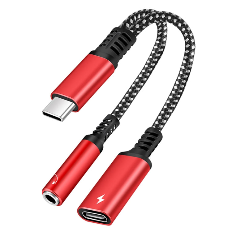 Red USB-C 2-in-1 adapter cable: PD 60W charging plus 3.5mm earphone output.