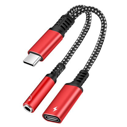 Red USB-C 2-in-1 adapter cable: PD 60W charging plus 3.5mm earphone output.