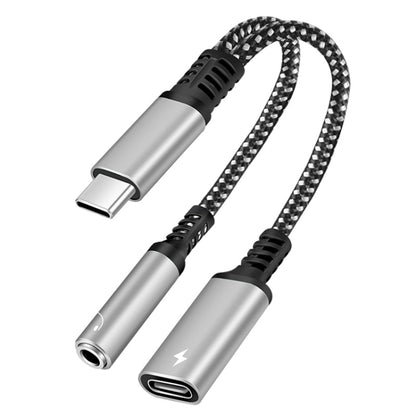 Silver USB-C 2-in-1 adapter cable with PD 60W charging and 3.5mm audio jack.