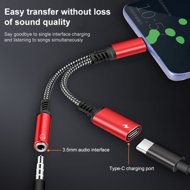 Red 2-in-1 USB-C adapter cable with Type-C charging port and 3.5mm audio interface.