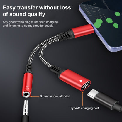 Red 2-in-1 USB-C adapter cable with Type-C charging port and 3.5mm audio interface.
