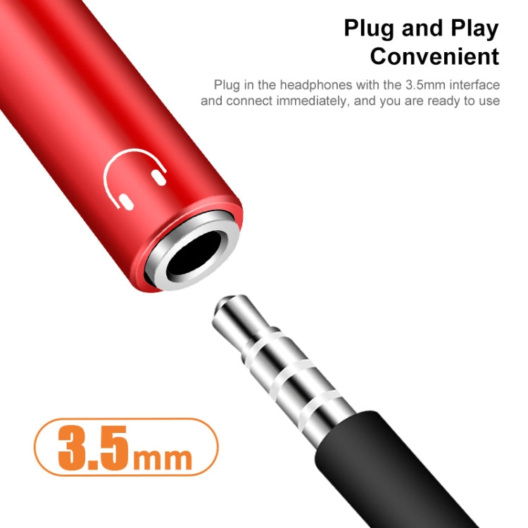 Red 3.5mm audio plug end on USB-C 2-in-1 adapter cable.