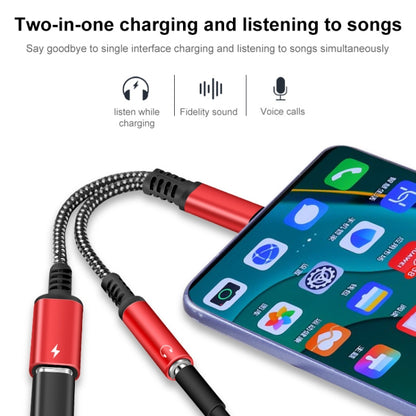 Red USB-C 2-in-1 adapter cable with black 3.5mm audio connector for phone.