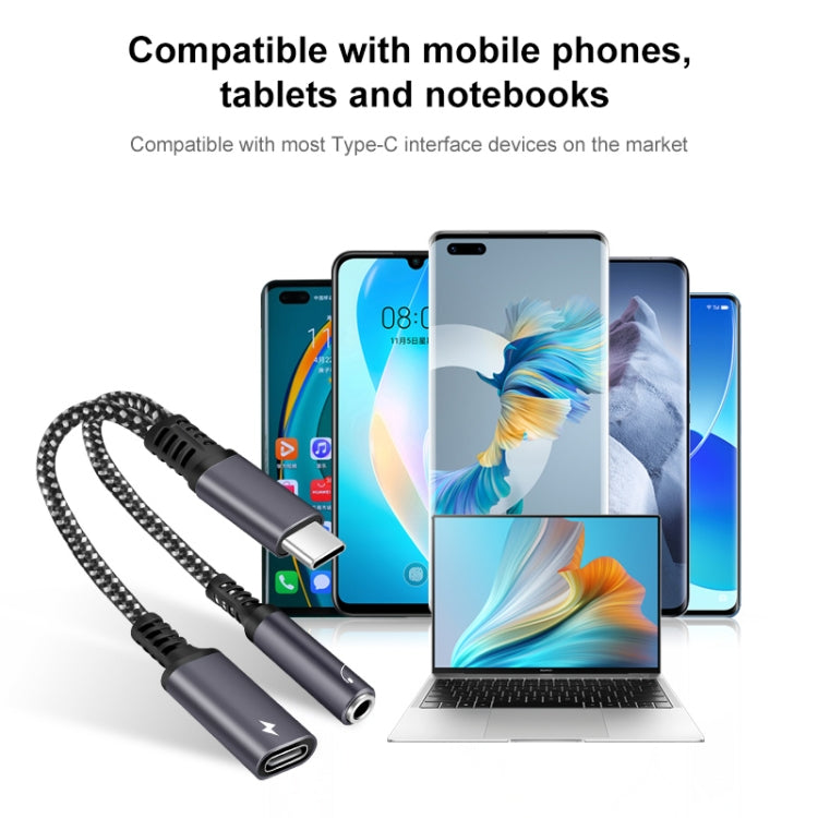 USB-C 2-in-1 charging and 3.5mm audio adapter cable with connectors for devices.