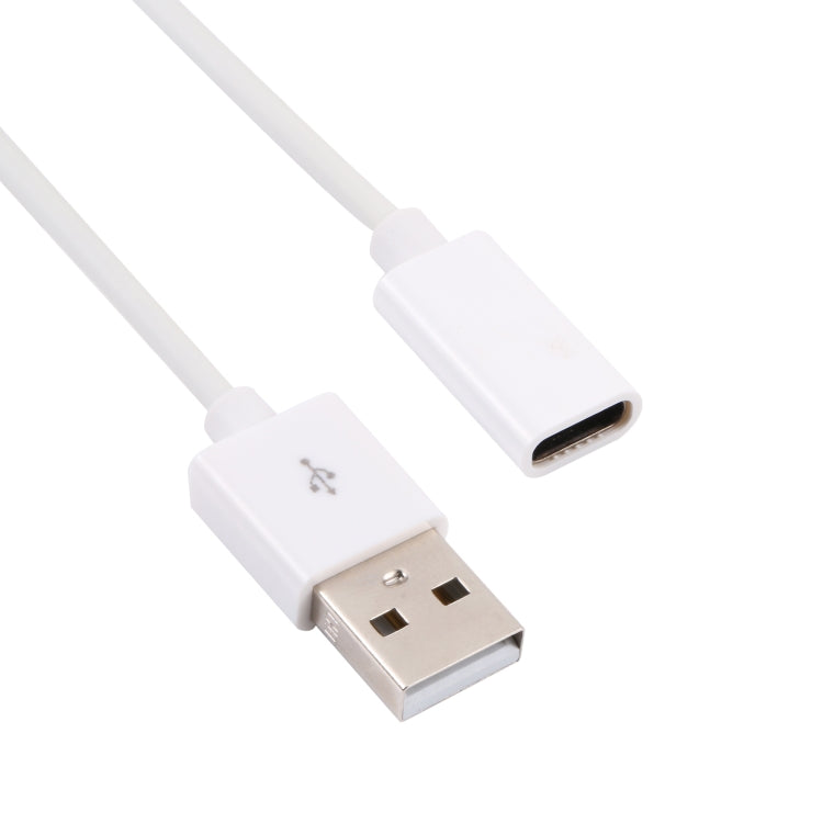White USB to USB-C adapter cable, close-up of USB-A male and USB-C female plugs