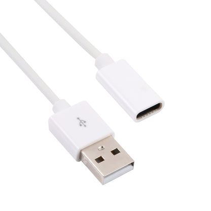 White USB to USB-C adapter cable, close-up of USB-A male and USB-C female plugs