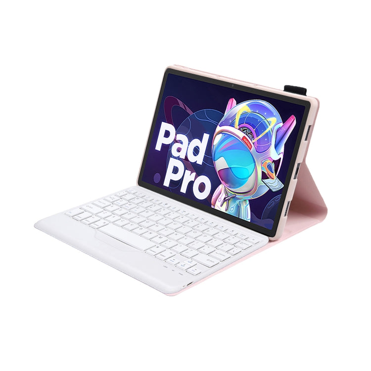 Ultra-thin leather tablet case with Bluetooth keyboard, light finish, angled stand