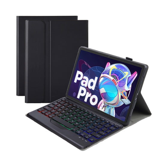 Black ultra-thin leather tablet case with backlit Bluetooth keyboard, open