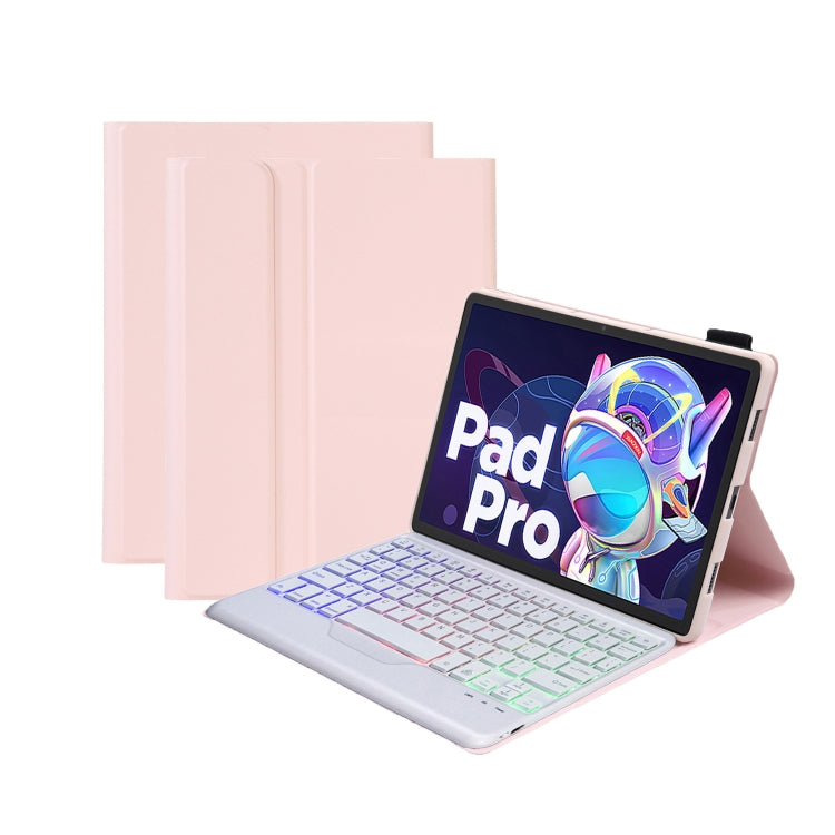 Pink ultra-thin leather tablet case with backlit Bluetooth keyboard, open