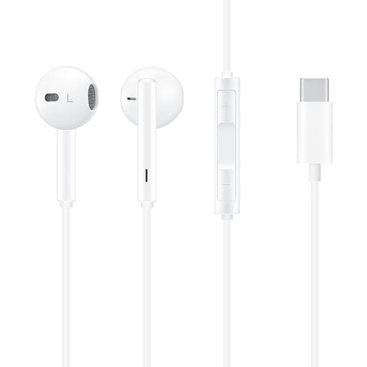 White USB Type-C wired earbuds with inline mic and three-button control