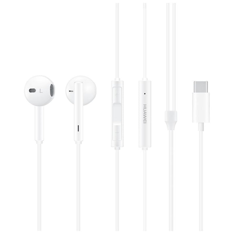 White wired earbuds set with USB Type-C plug and in-line microphone