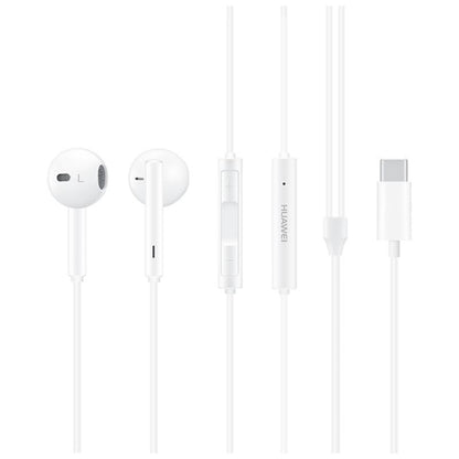 White wired earbuds set with USB Type-C plug and in-line microphone