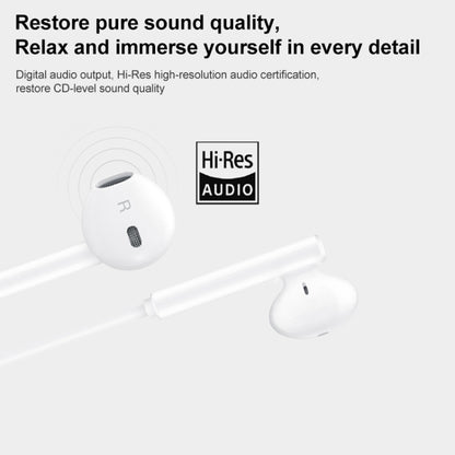 White earbuds with R and L speaker grilles and Hi-Res Audio label