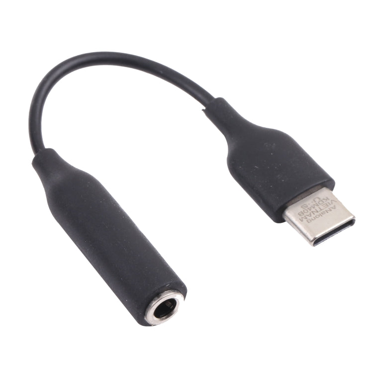 Black USB-C to 3.5mm audio adapter with USB-C plug and 3.5mm jack