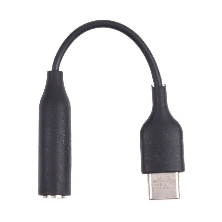 Black USB-C to 3.5mm audio adapter cable with two connector ends