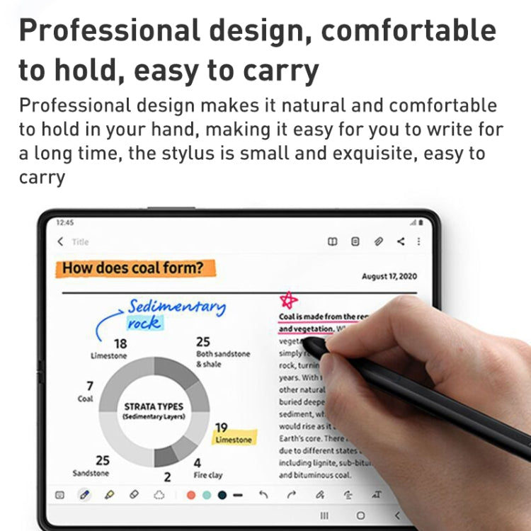 Stylus pen writing on a foldable phone screen with charts and highlighted text.