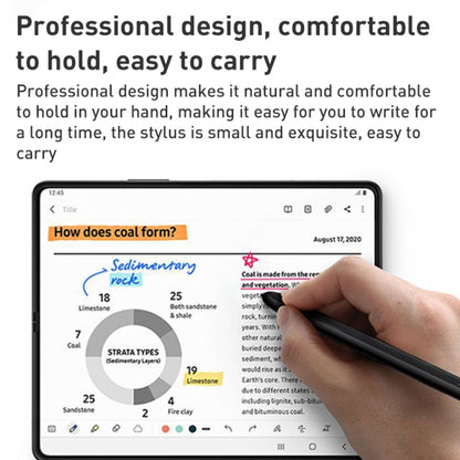 Stylus pen writing on a foldable phone screen with charts and highlighted text.