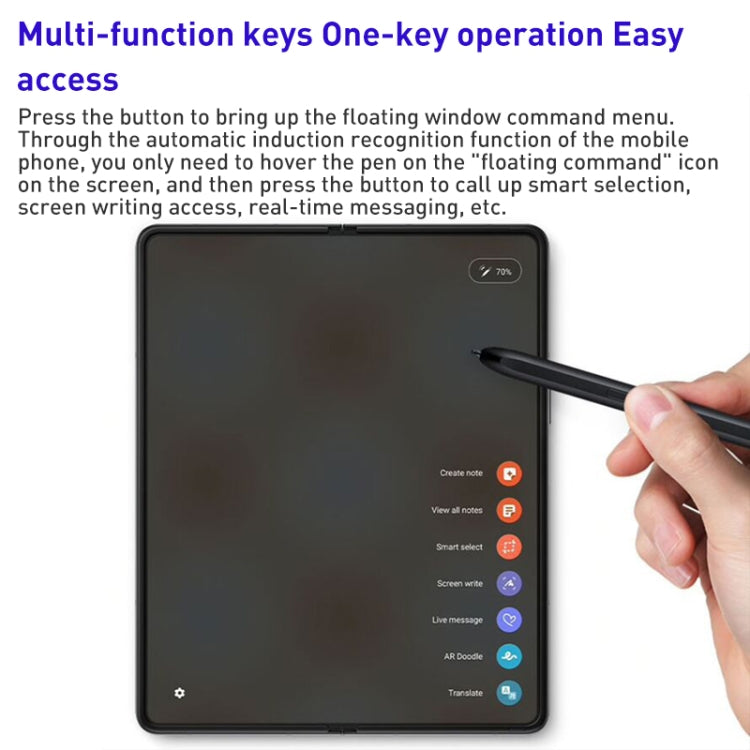Stylus pen selecting a floating menu on a foldable phone screen with icons.