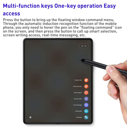 Stylus pen selecting a floating menu on a foldable phone screen with icons.