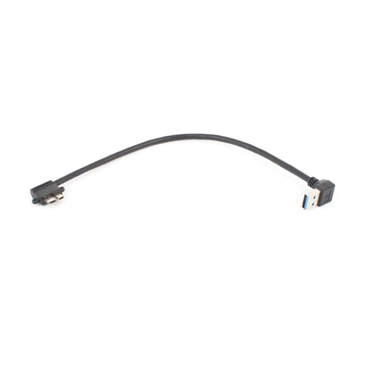 Black USB-A to micro USB 3.0 elbow cable with angled connectors, 27cm.
