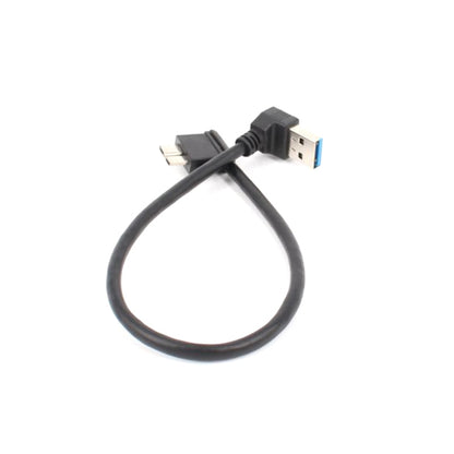 Black USB-A to micro USB 3.0 elbow cable with looped cord, angled connectors.