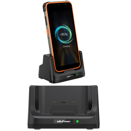 Black desk charging dock with phone cradle, USB-C style port area, green LED indicator.