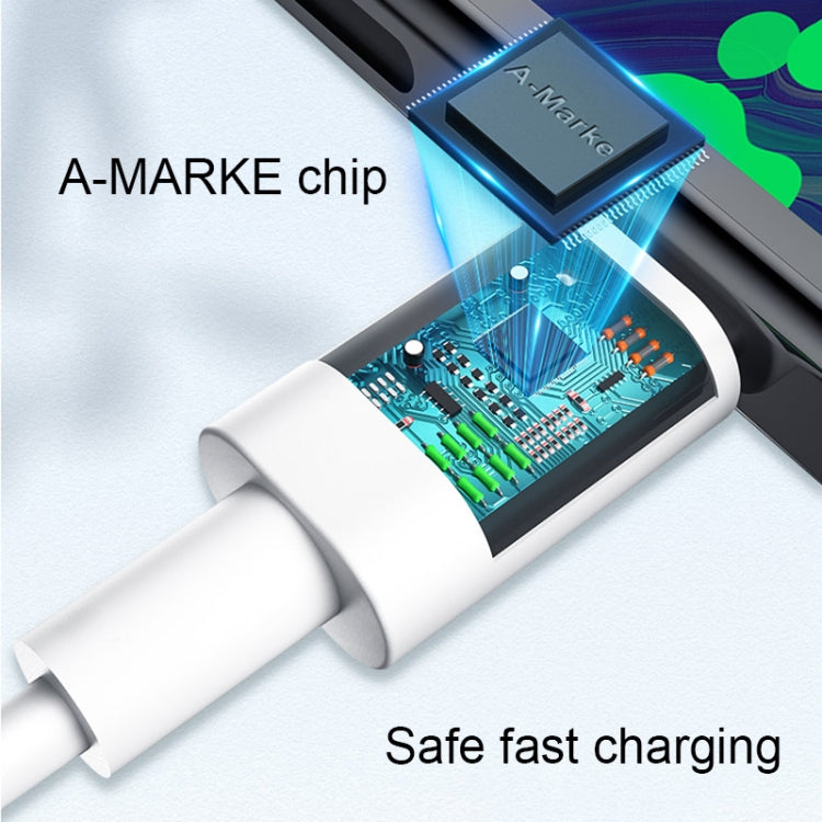 White charging cable with embedded A-MARKE chip inside the molded connector